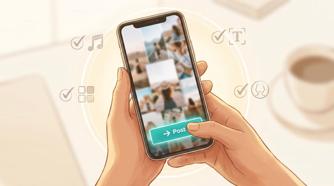Creator's hands holding a phone displaying a polished photo video ready to publish on social media