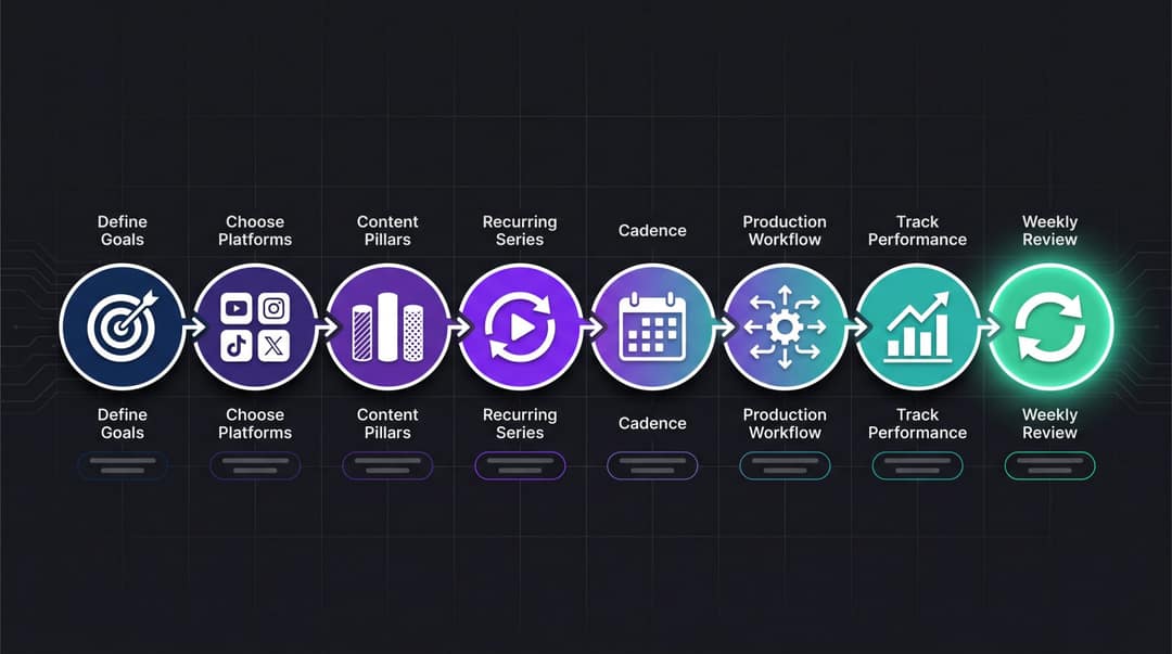 8-step video content calendar setup workflow shown as a connected production pipeline illustration for video creators