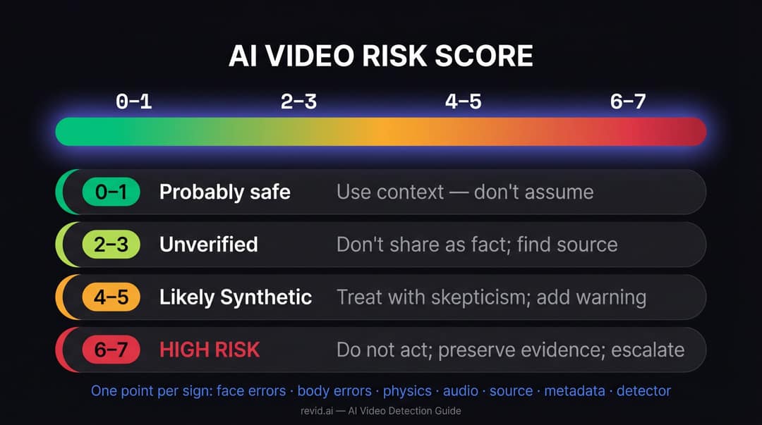 AI video risk scoring card: 0-1 pts safe, 2-3 unverified, 4-5 likely synthetic, 6-7 high-risk synthetic media