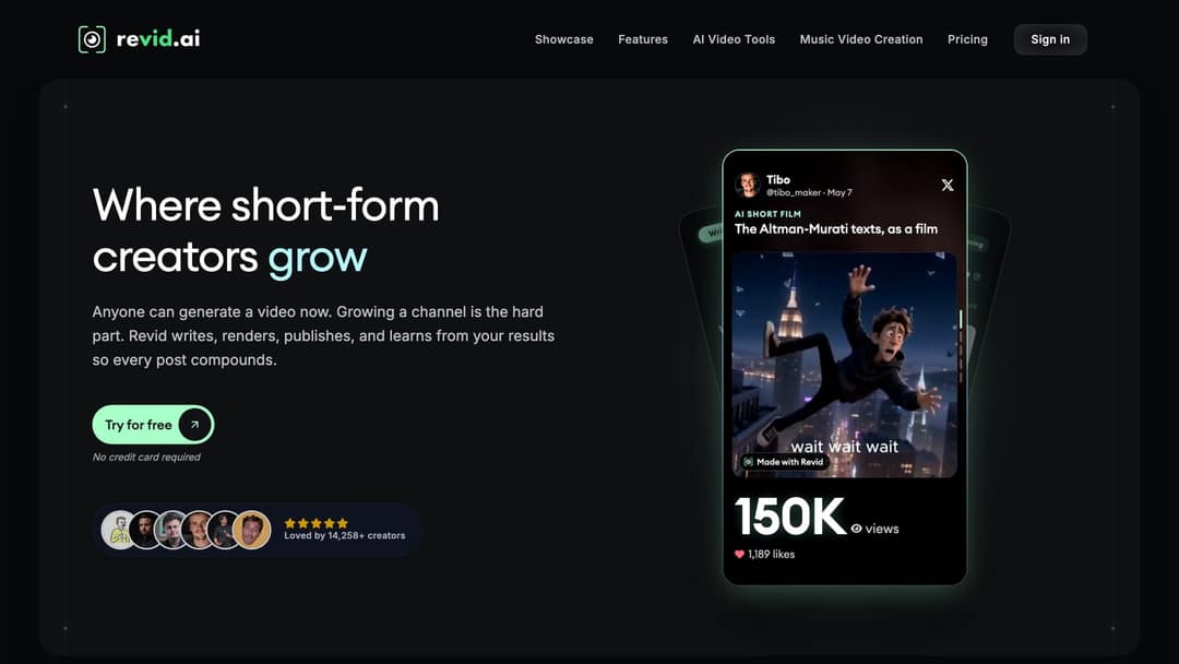 Revid.ai homepage with the "Where short-form creators grow" hero, a Try for free button and "Loved by 14,258+ creators"