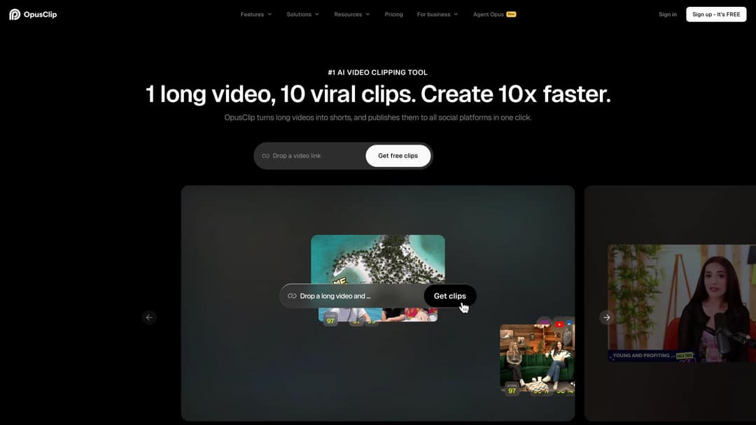 OpusClip homepage with a field to drop a long video link and get clips