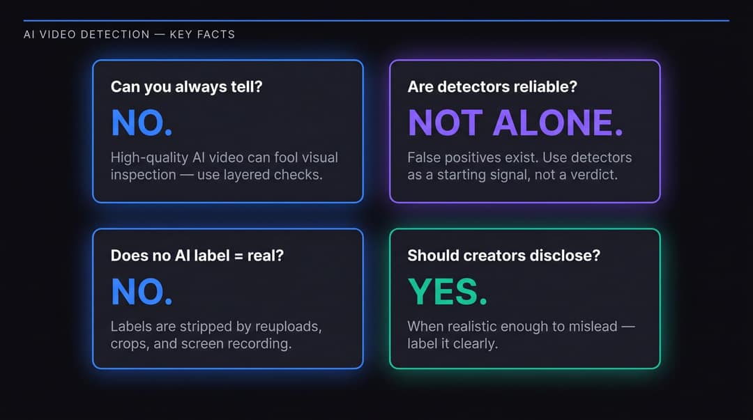 FAQ knowledge panel grid showing 4 key AI video detection questions with stark Yes/No answers on dark background