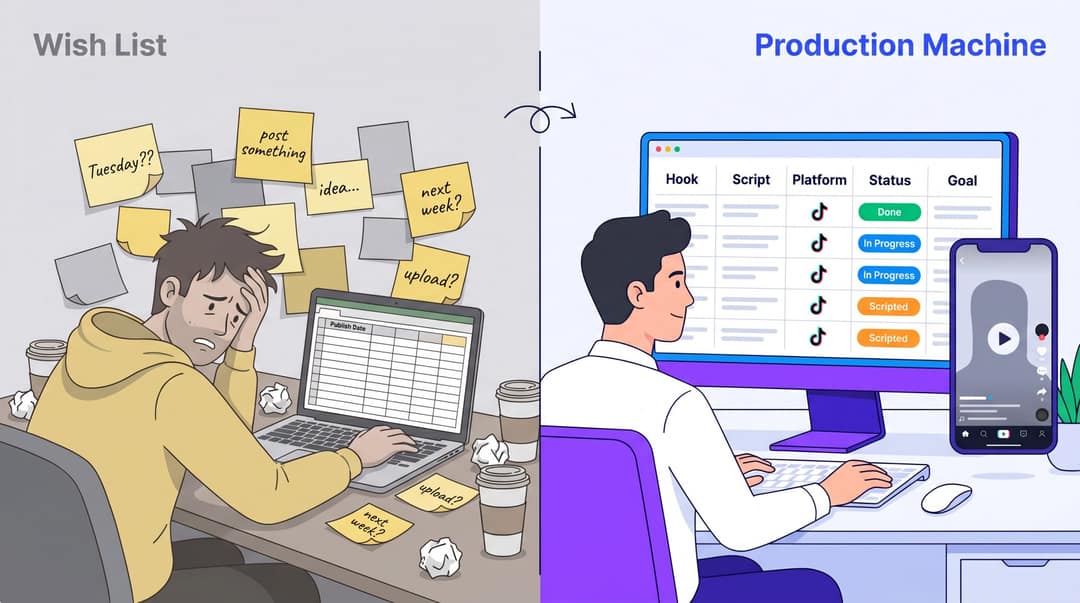 Split illustration showing a chaotic video creator workspace on the left versus a clean, organized content calendar production system on the right