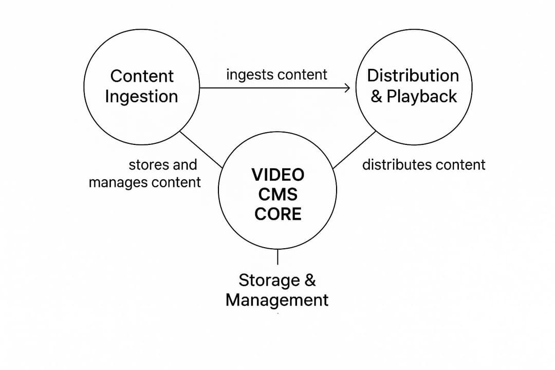 Diagram: a VCMS core connecting content ingestion, storage and management, and distribution and playback