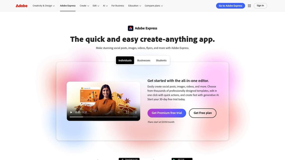 Adobe Express homepage presenting it as an all-in-one editor with a free plan