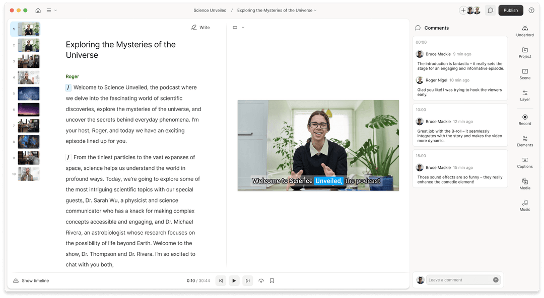 Descript editing dashboard