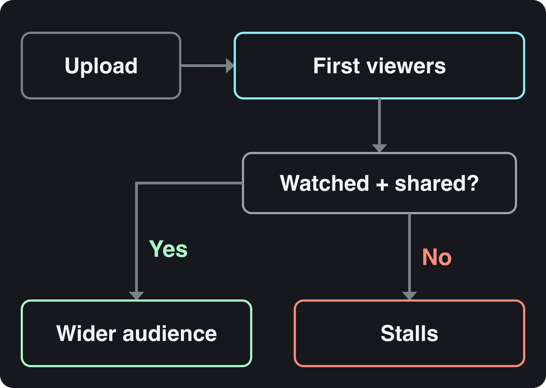 Flow diagram: a video is uploaded, shown to first viewers, then spreads if watched and shared or stalls if not