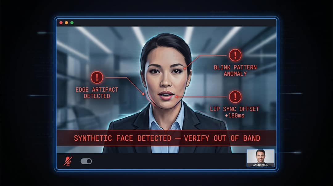 Video call interface showing deepfake detection overlay with red warning indicators and glitch artifacts on a synthetic face