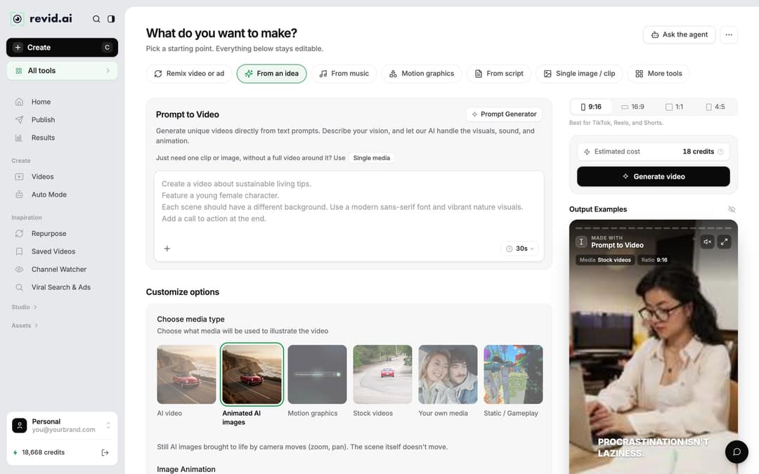 Revid Create page with the mode tabs, prompt box, media types, ratio picker and Generate video button