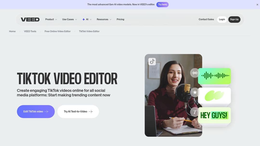 VEED TikTok video editor page with an Edit TikTok video button