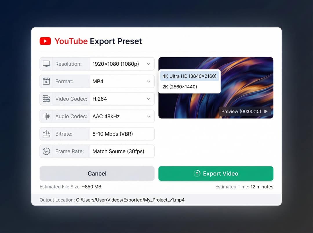 Export dialog with 1080p resolution, MP4, H.264, AAC 48 kHz, 8 to 10 Mbps VBR and 30fps