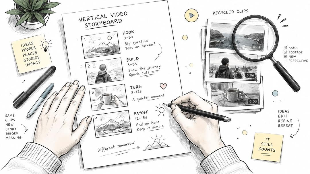A hand drawing a vertical video storyboard with four scenes on a desk filled with office supplies.