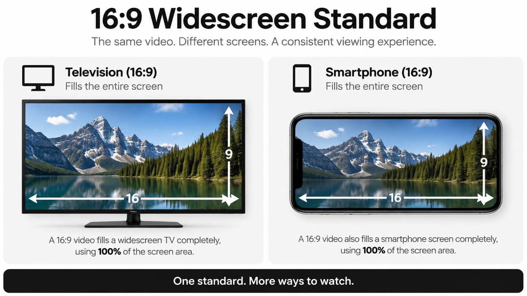 An infographic illustrating that 16:9 widescreen video fills both television and smartphone screens completely for consistent viewing.
