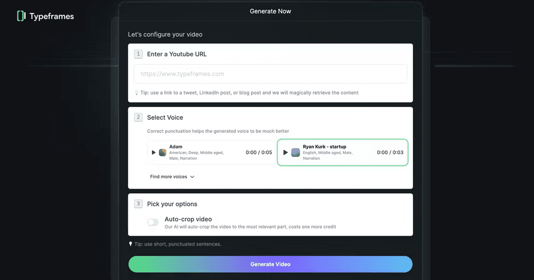 Typeframes' Create Clips from YouTube tool