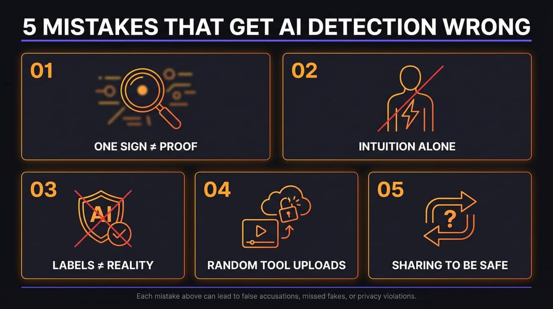 Infographic showing 5 common AI video detection mistakes: over-relying on one sign, trusting intuition, assuming labels, unsafe uploads, and premature sharing