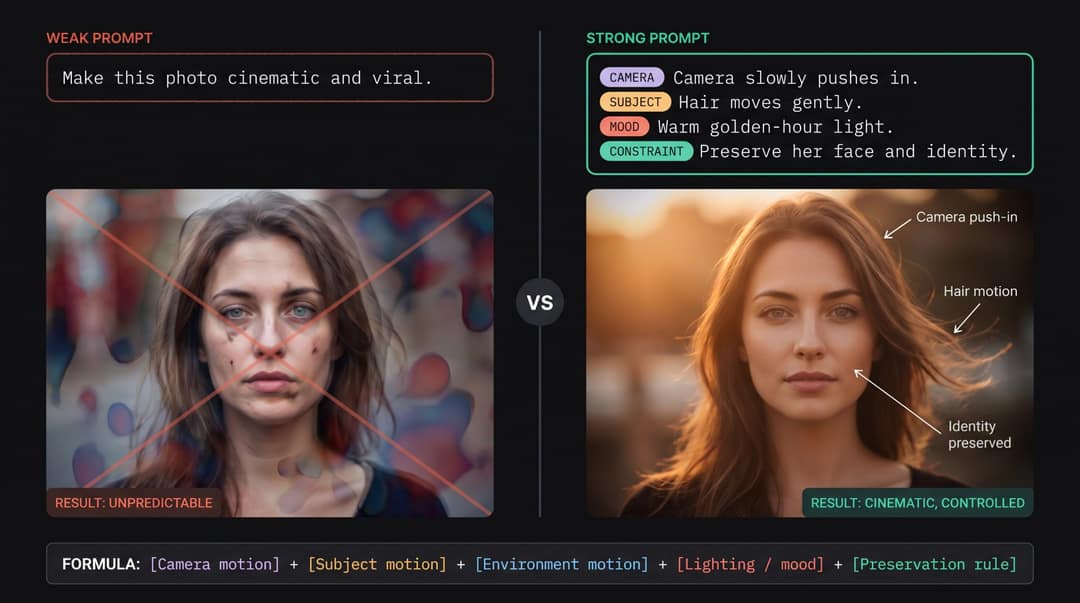 Weak prompt producing a distorted face next to a structured motion prompt producing a clean cinematic portrait