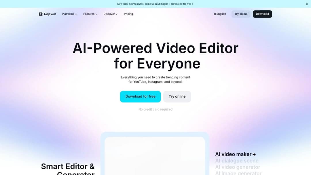 CapCut homepage presenting its AI-powered video editor for desktop, web and mobile